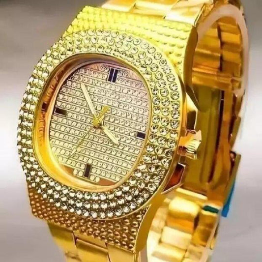 Golden Stone Studded Diamond Wrist Watch For Boys & Men